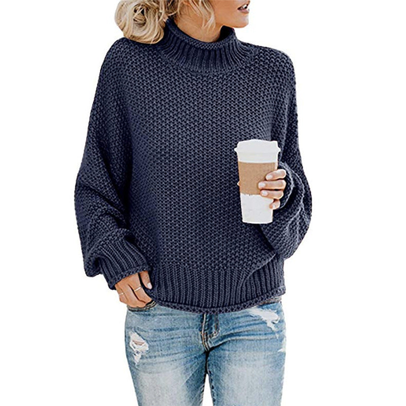 Women's Popcorn Knit Turtleneck Sweater in Navy - front view