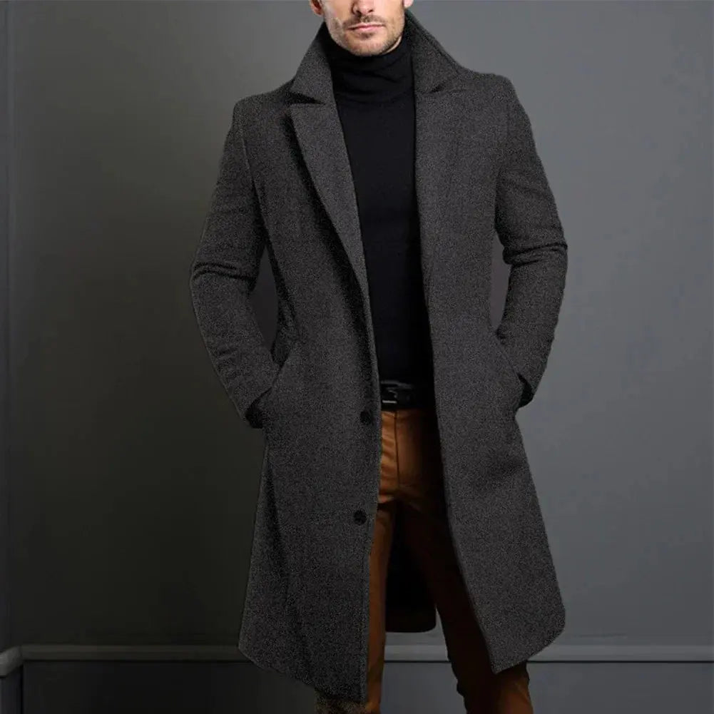 Men's Single-Breasted Long Overcoat in Dark Grey - front view