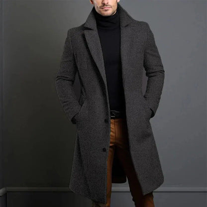 Men's Single-Breasted Long Overcoat in Dark Grey - front view