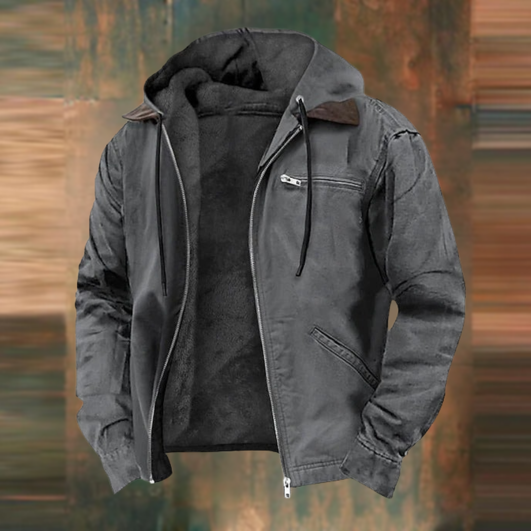 Men's Hooded Faux Leather Jacket with Fleece Lining in Grey - front view
