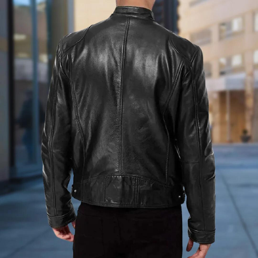 Men's Faux Leather Cafe Racer Jacket with Stand Collar in Khaki - alternate angle showing fit and fabric detail