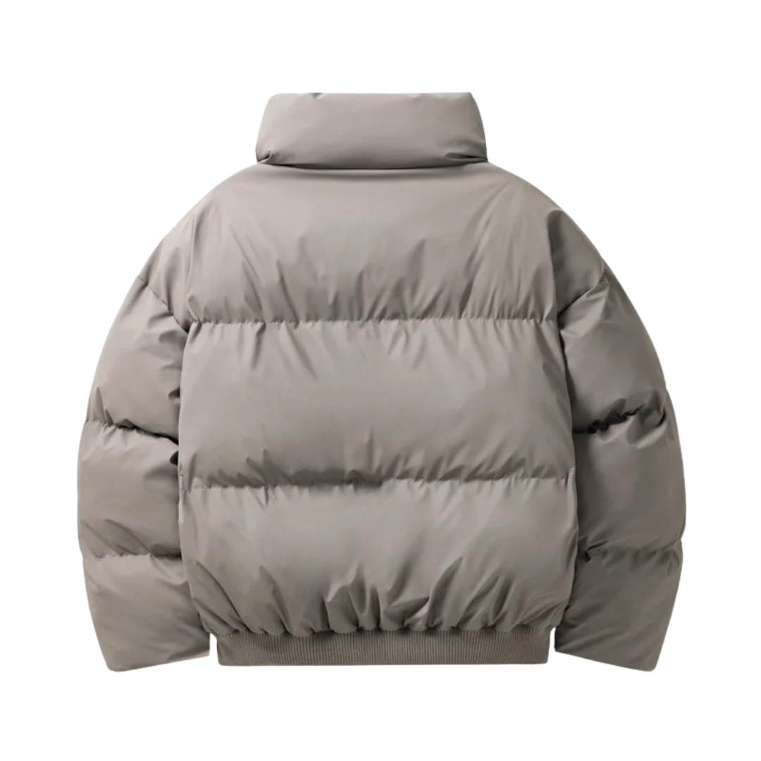 Men's Stand Collar Puffer Jacket in Grey - alternate angle showing fit and fabric detail