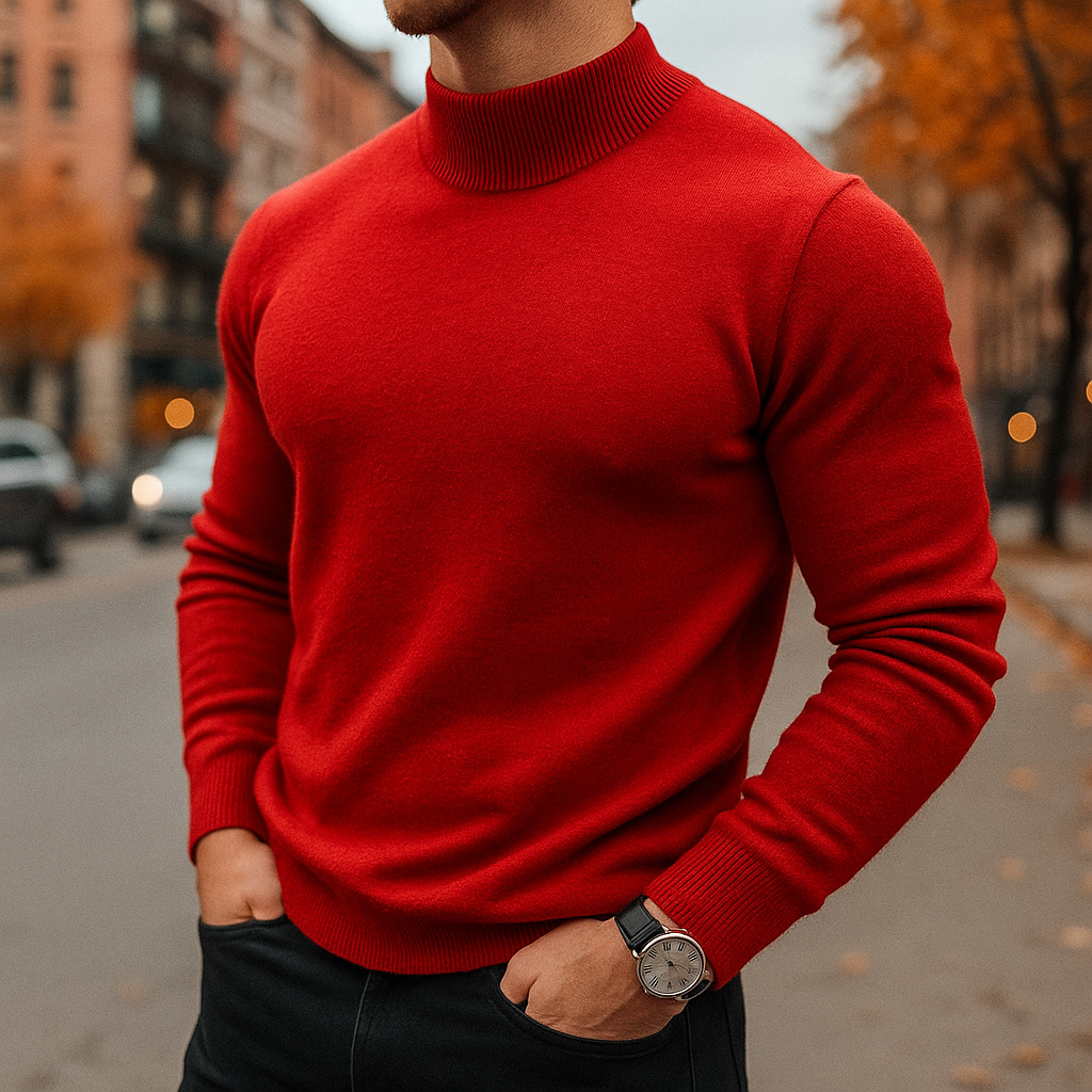 Men's Fine Knit Mock Neck Sweater in Red - front view