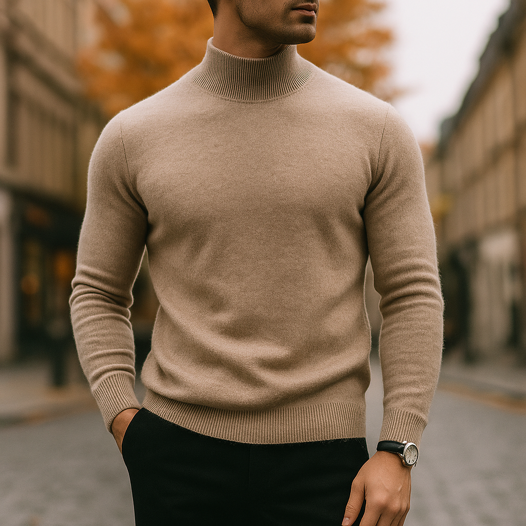 Men's Fine Knit Mock Neck Sweater in Camel - front view