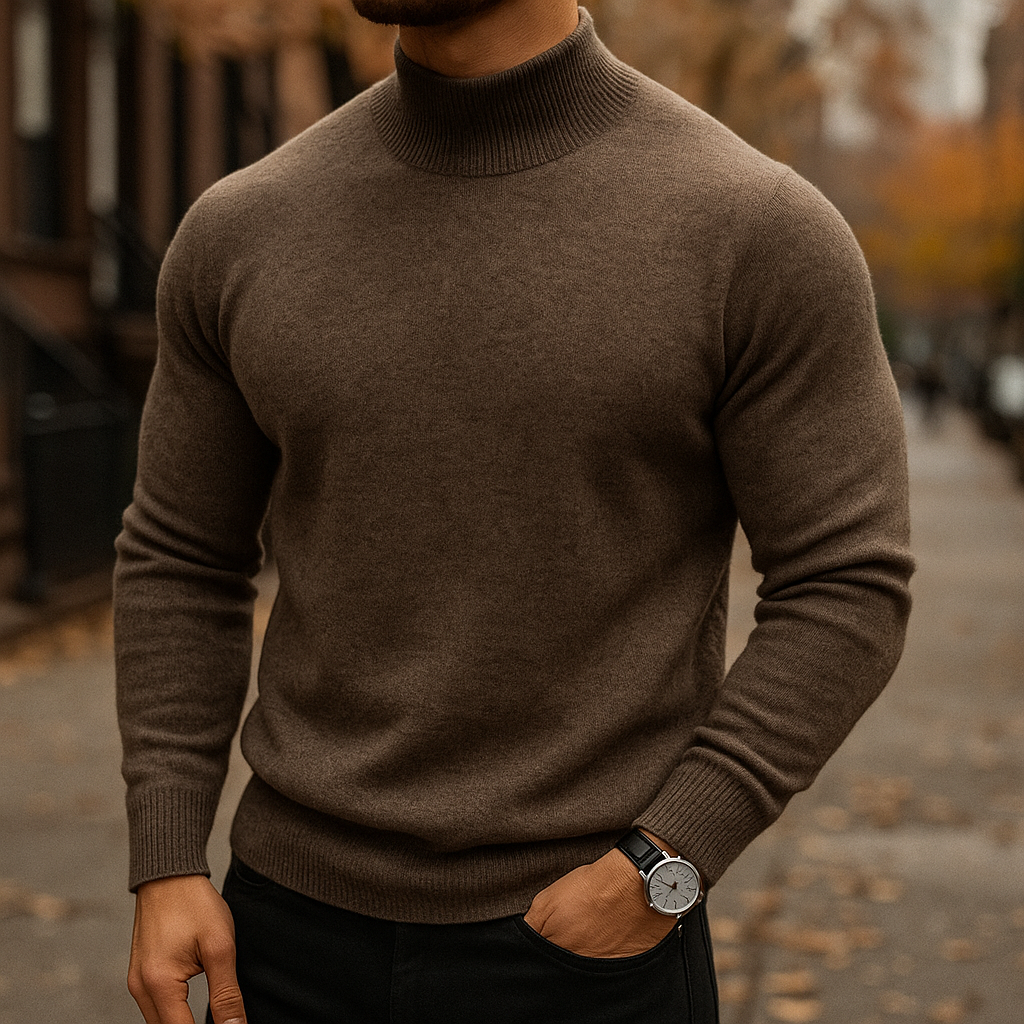 Men's Fine Knit Mock Neck Sweater in Brown - front view