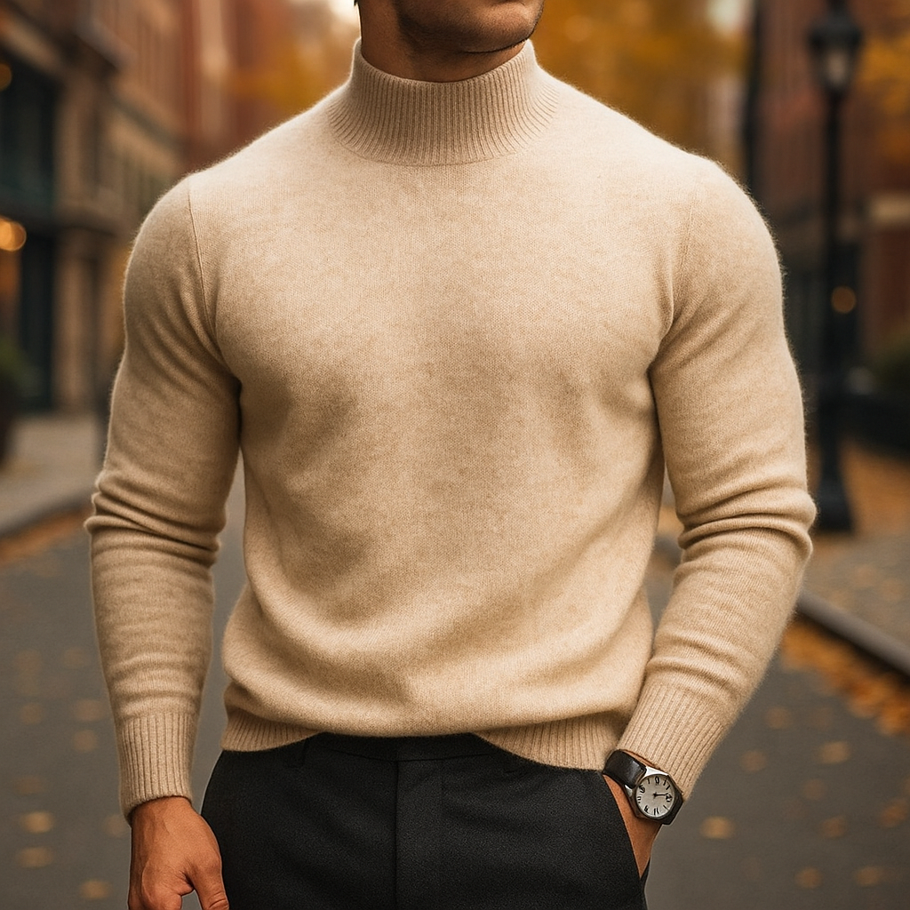 Men's Fine Knit Mock Neck Sweater in Camel - alternate angle showing fit and fabric detail
