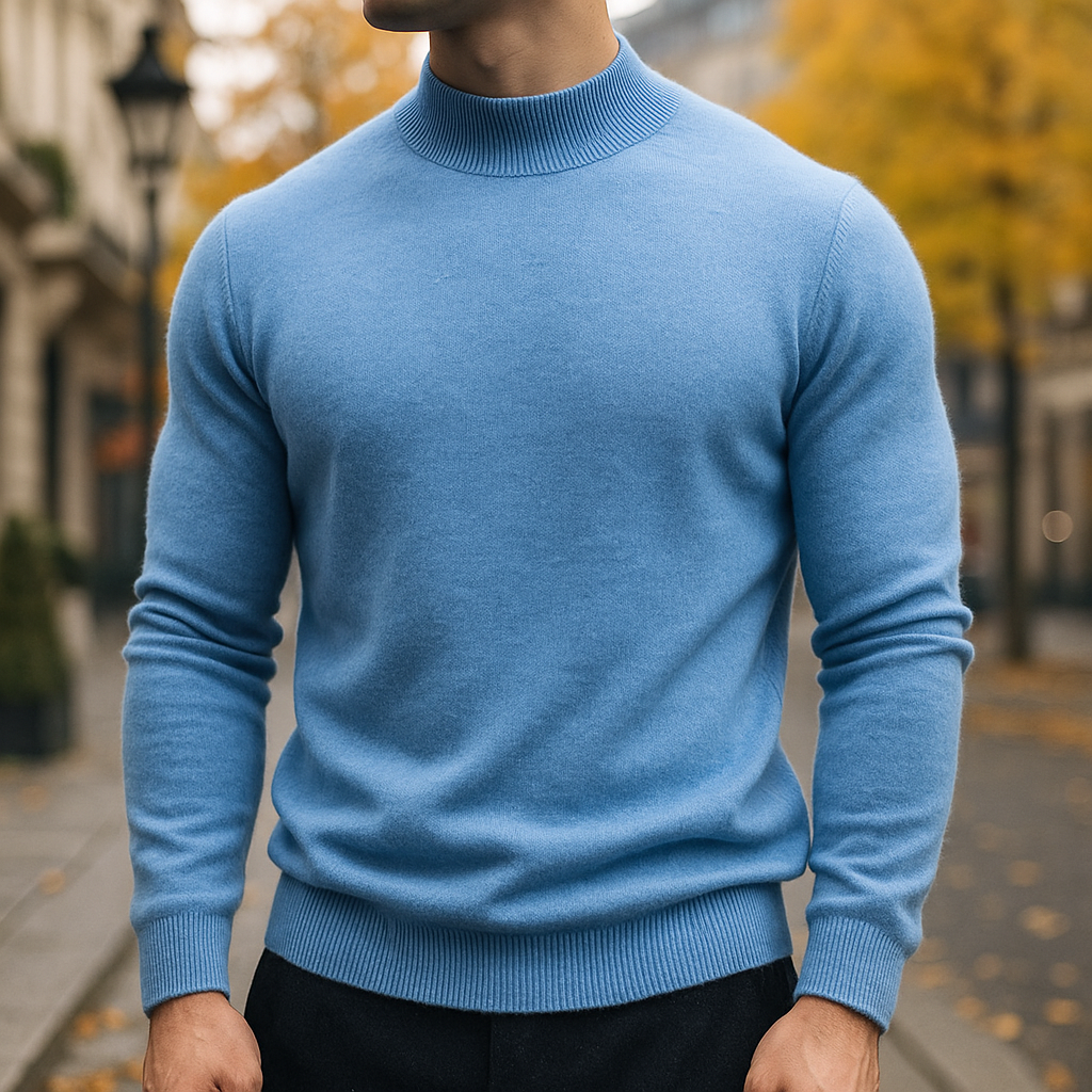 Men's Fine Knit Mock Neck Sweater in Sky Blue - front view