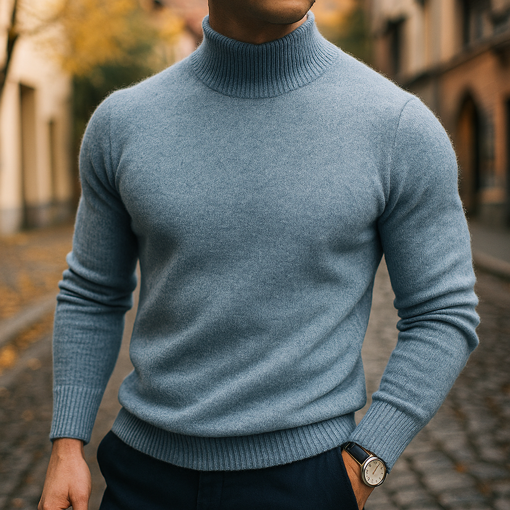 Men's Fine Knit Mock Neck Sweater in Gray Green - front view