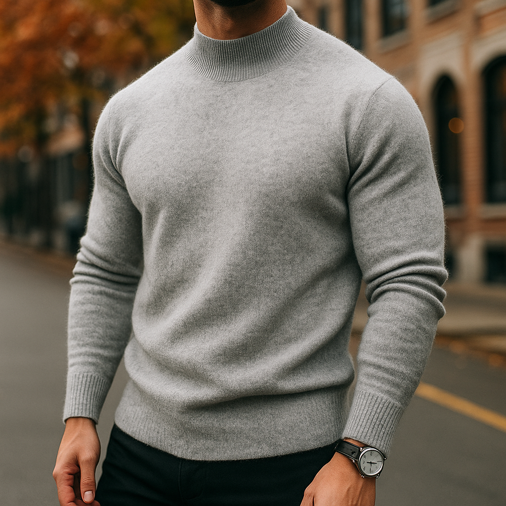 Men's Fine Knit Mock Neck Sweater in Light Gray - front view