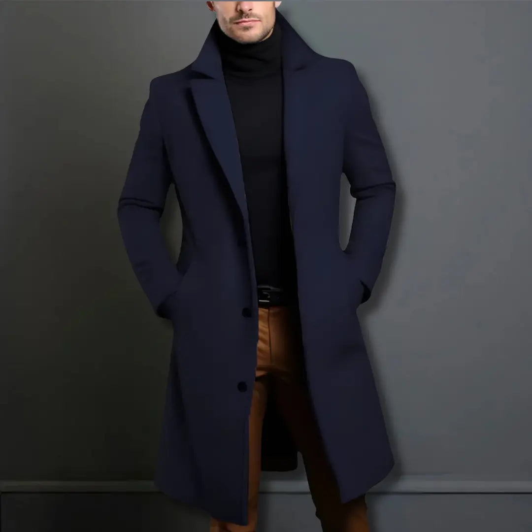 Men's Single-Breasted Long Overcoat in Navy Blue - front view