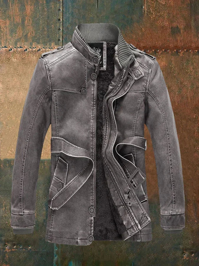 Men's Vintage Faux Leather Jacket with Belted Waist in Grey - front view