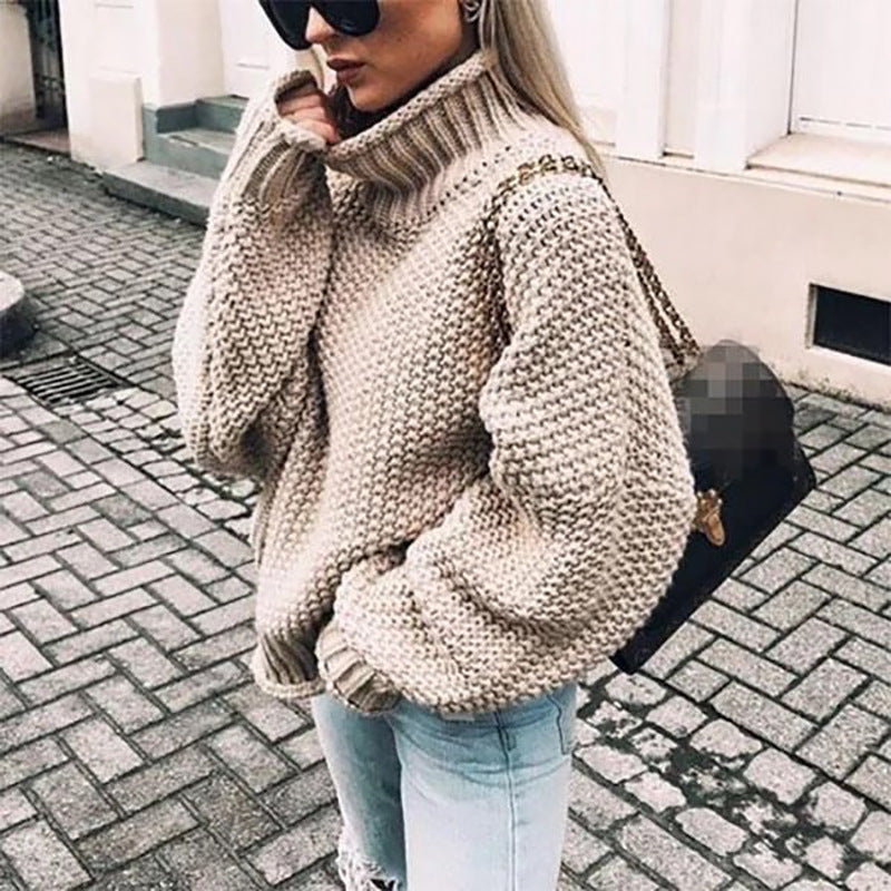 Women's Popcorn Knit Turtleneck Sweater in Khaki - front view