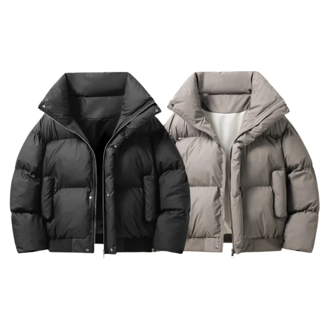Men's Stand Collar Puffer Jacket in Grey - alternate angle showing fit and fabric detail