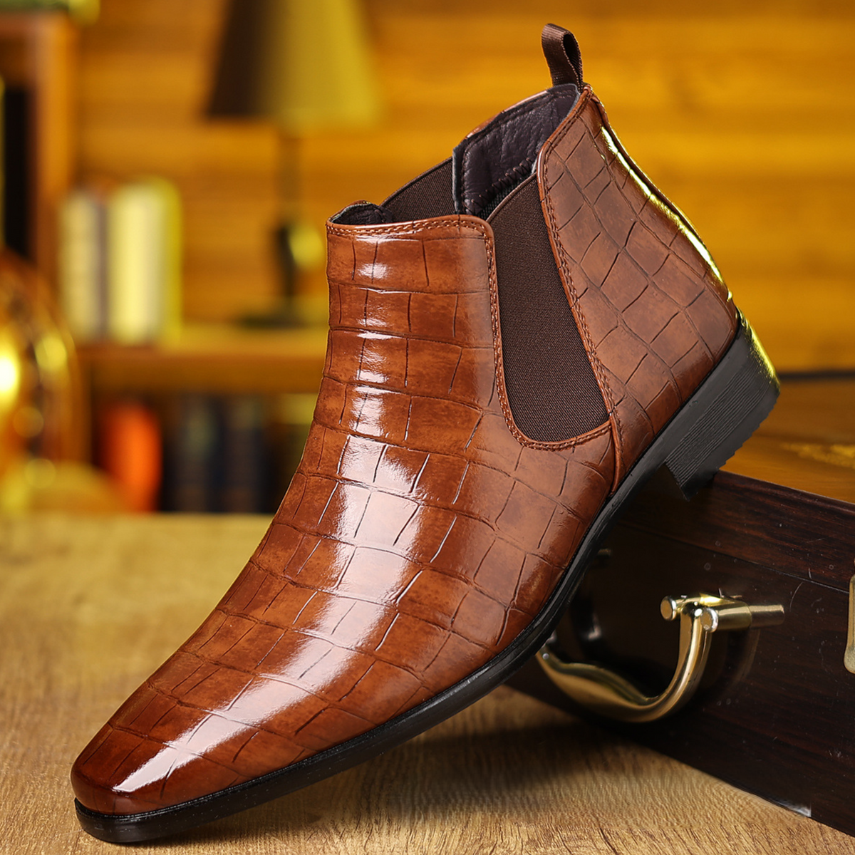 Men's Croc-Embossed Chelsea Boots in Black - alternate angle showing fit and fabric detail