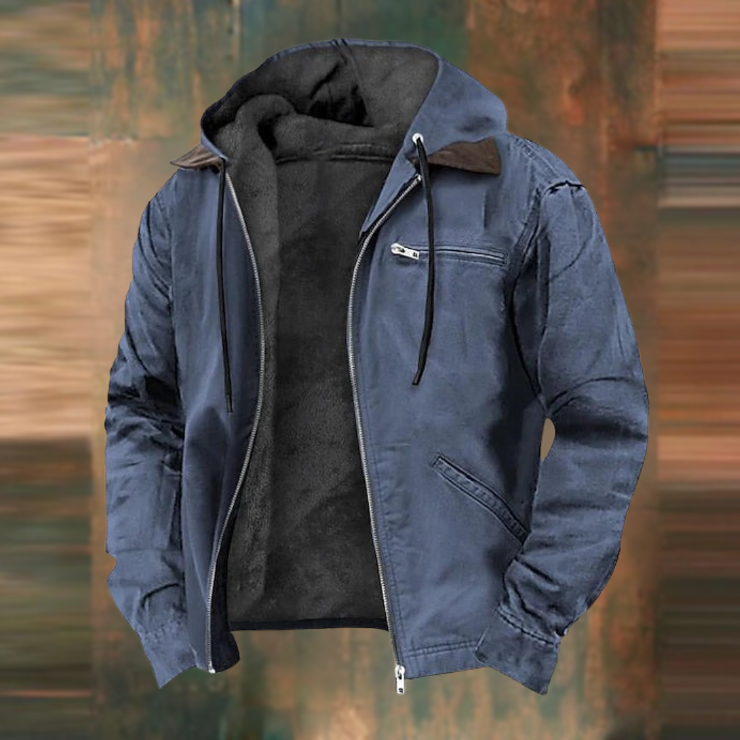 Men's Hooded Faux Leather Jacket with Fleece Lining in Blue - front view