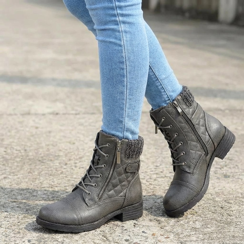 Women's Quilted Lace-Up Ankle Boots in Grey - alternate angle showing fit and fabric detail