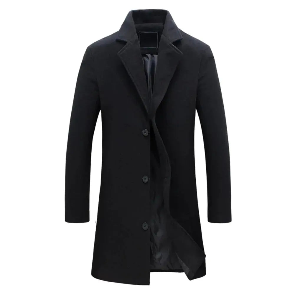 Men's Single-Breasted Long Overcoat in Black - alternate angle showing fit and fabric detail