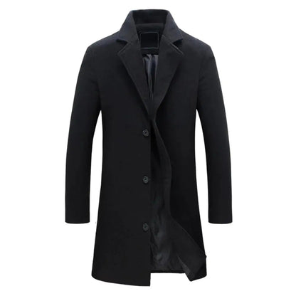 Men's Single-Breasted Long Overcoat in Black - alternate angle showing fit and fabric detail