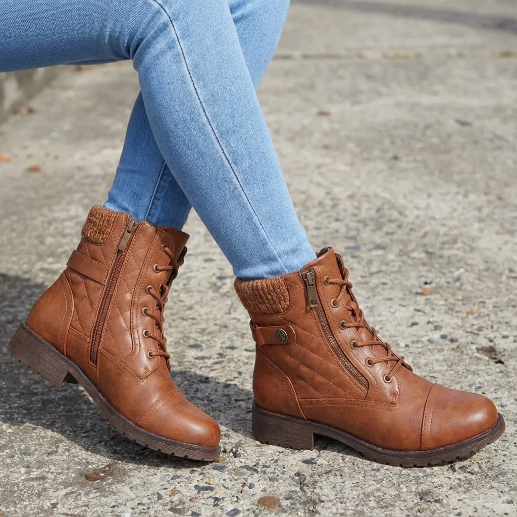 Women's Quilted Lace-Up Ankle Boots in Brown - alternate angle showing fit and fabric detail