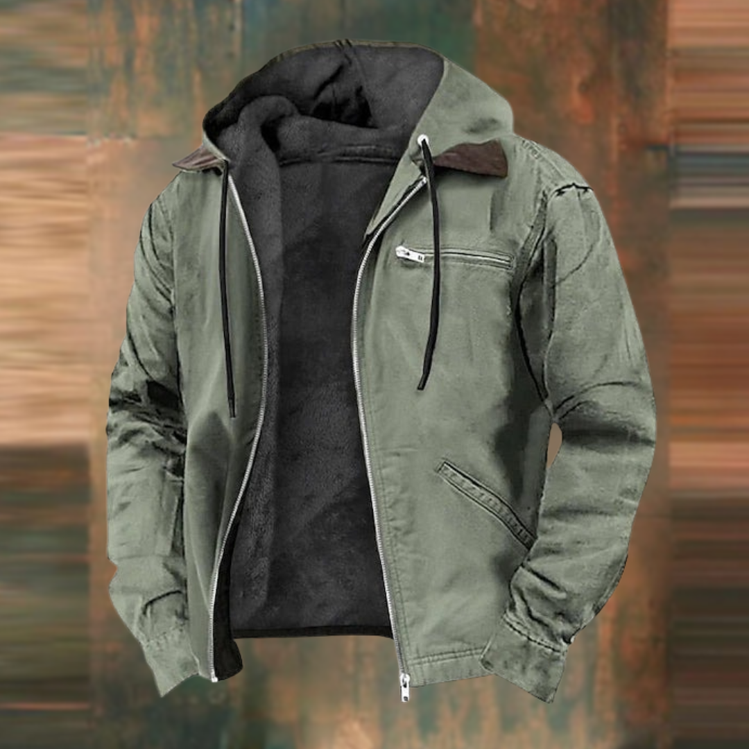 Men's Hooded Faux Leather Jacket with Fleece Lining in Green - front view