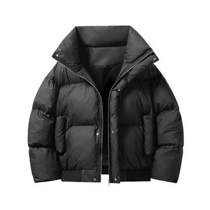 Men's Stand Collar Puffer Jacket in Black - front view
