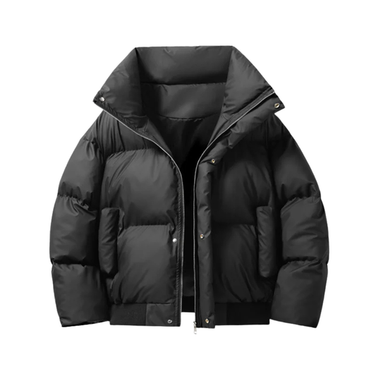 Men's Stand Collar Puffer Jacket in Black - front view