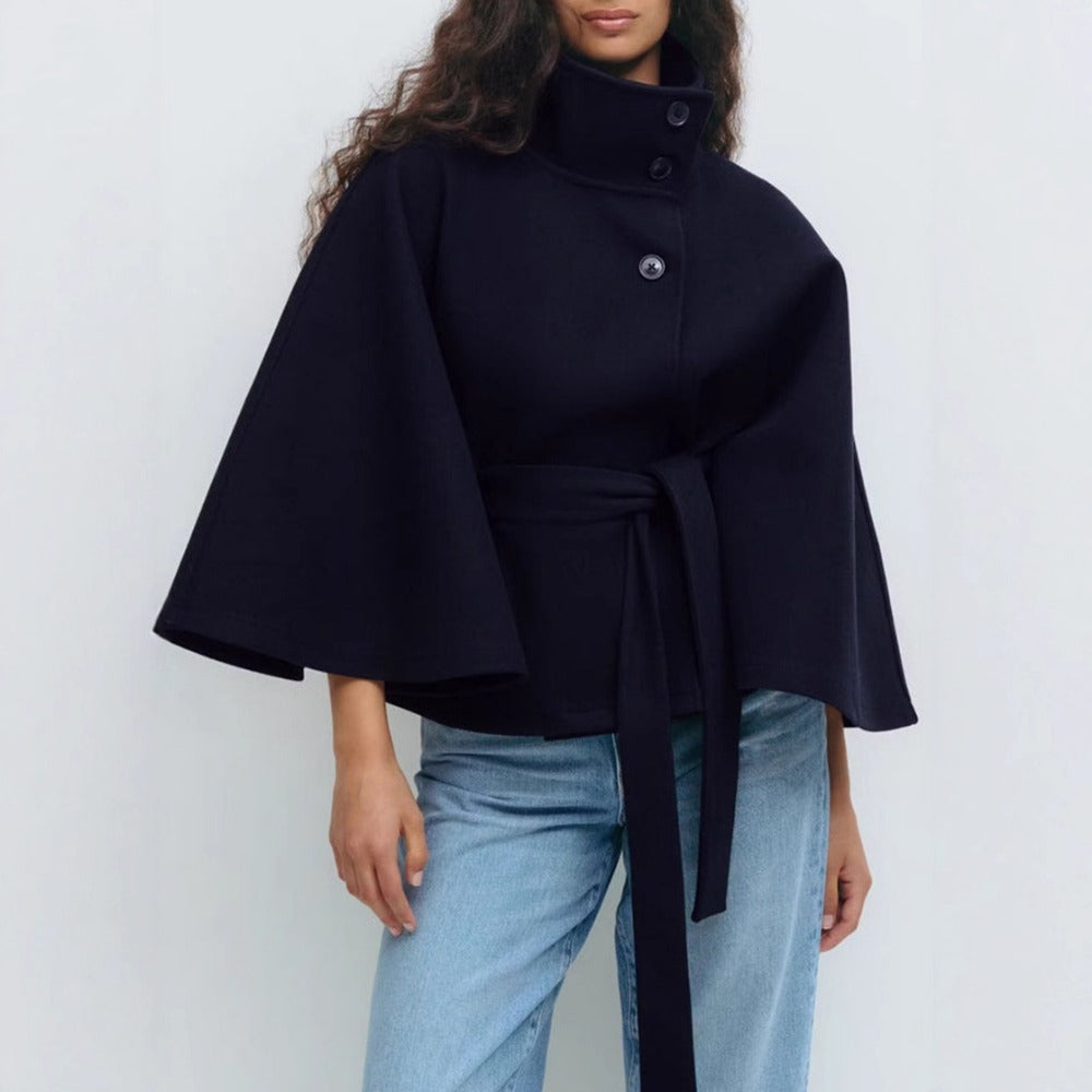 Women's Belted Cape Jacket in Navy - front view
