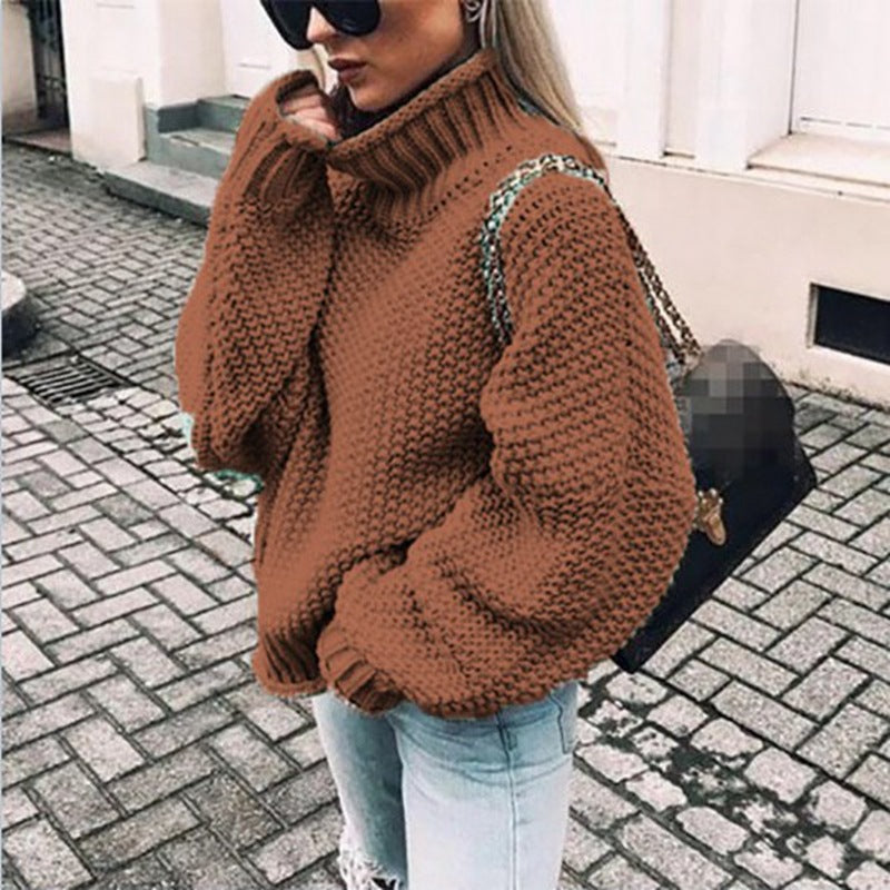 Women's Popcorn Knit Turtleneck Sweater in Brown - front view