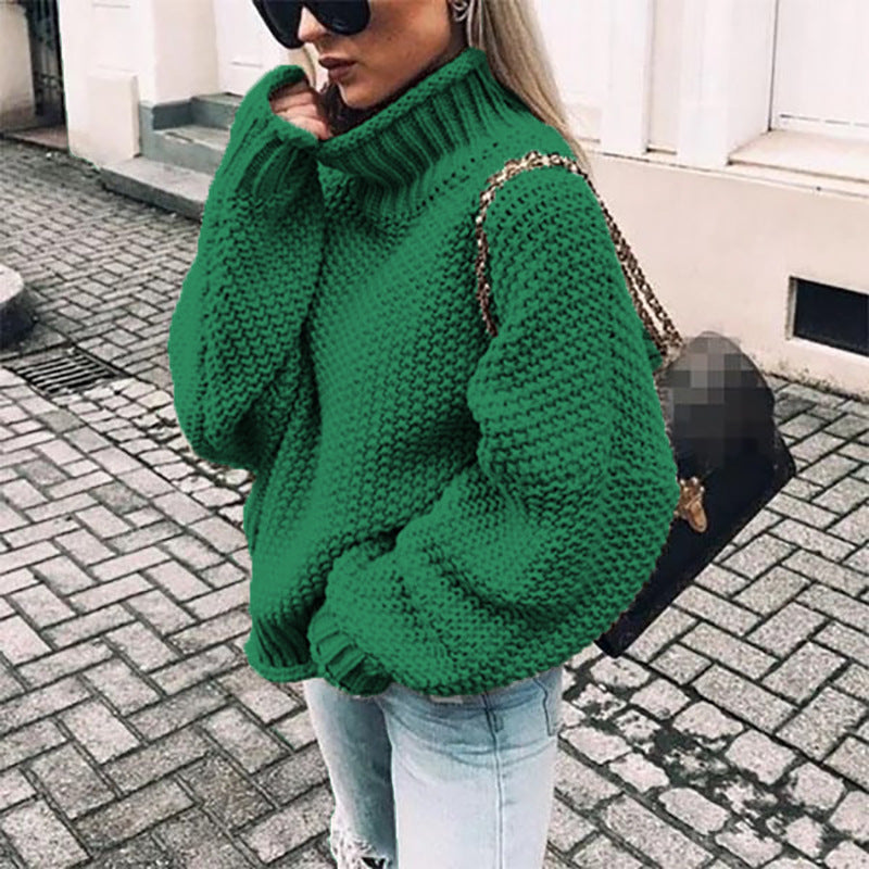 Women's Popcorn Knit Turtleneck Sweater in Green - front view