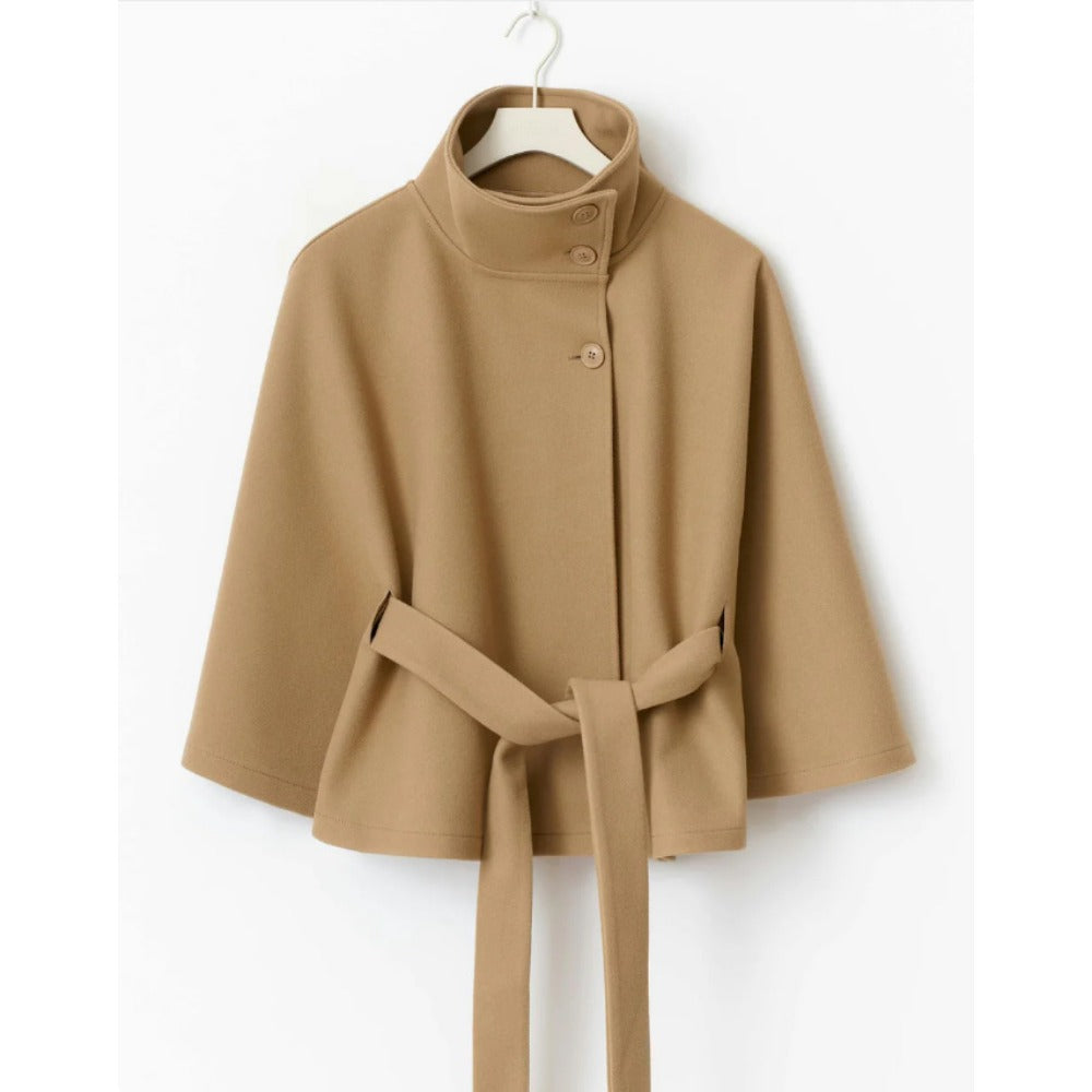 Women's Belted Cape Jacket in Black - alternate angle showing fit and fabric detail