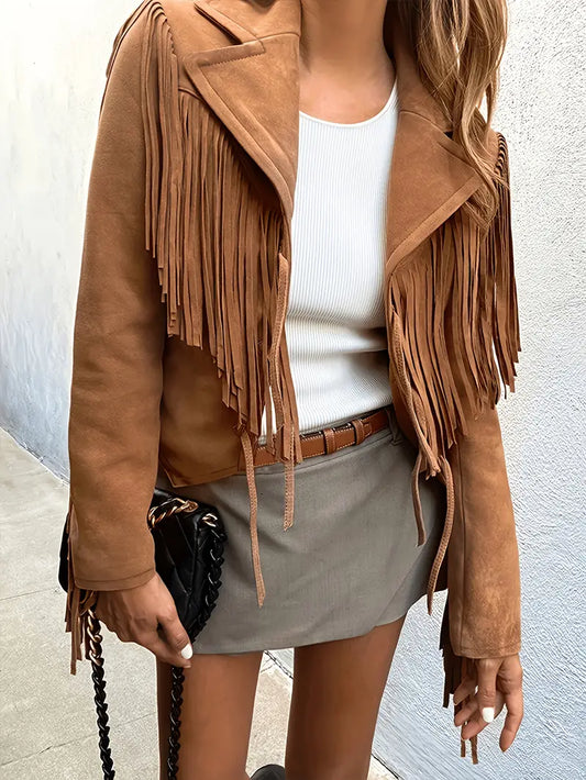 Women's Suede-Look Fringe Jacket in Brown - front view