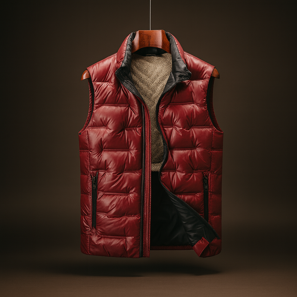 Men's Quilted Puffer Vest with Stand Collar in Burgundy - front view