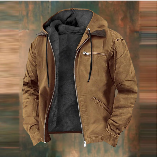 Men's Hooded Faux Leather Jacket with Fleece Lining in Brown - front view