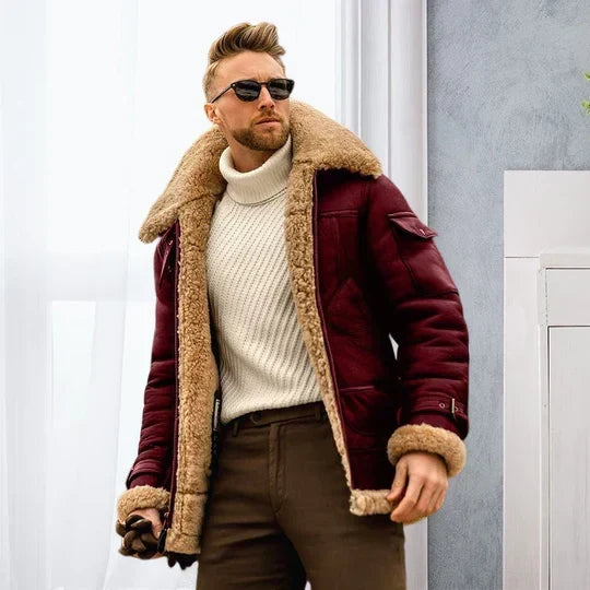 Men's Faux Shearling Aviator Jacket with Wide Collar in Red - front view