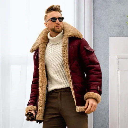Men's Faux Shearling Aviator Jacket with Wide Collar in Red - front view