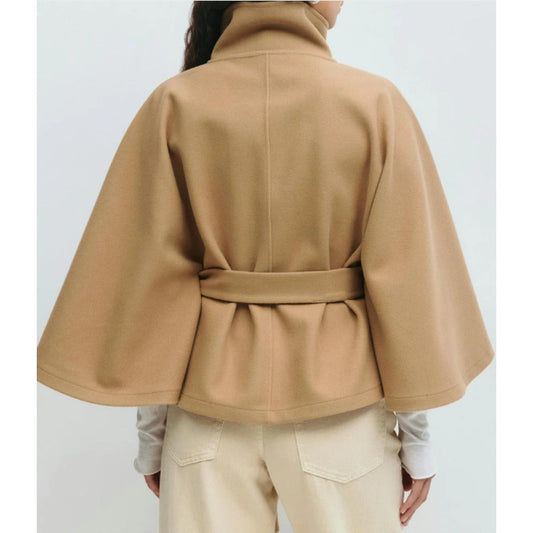 Women's Belted Cape Jacket in Khaki - alternate angle showing fit and fabric detail