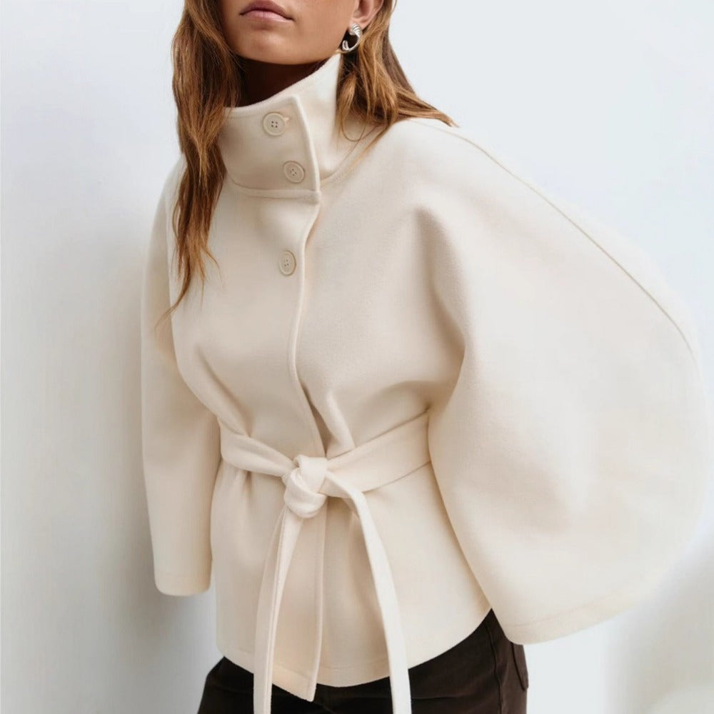 Women's Belted Cape Jacket in White - front view