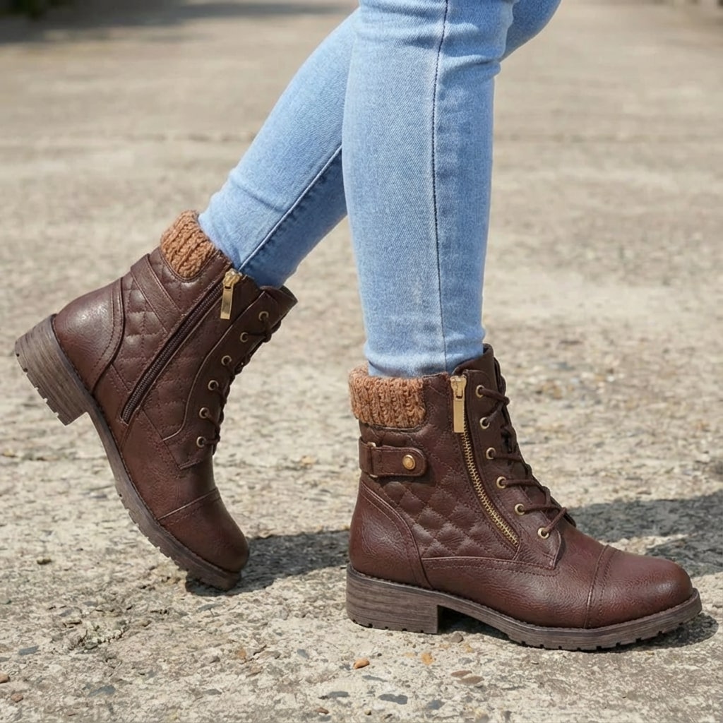 Women's Quilted Lace-Up Ankle Boots in Dark Brown - alternate angle showing fit and fabric detail