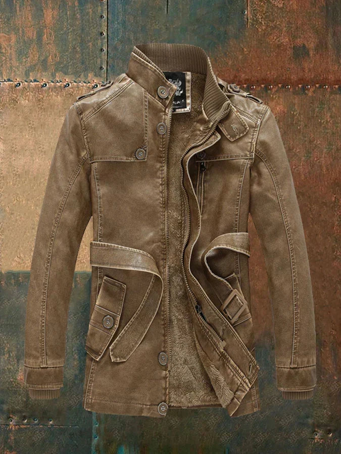Men's Vintage Faux Leather Jacket with Belted Waist in Dark Brown - front view