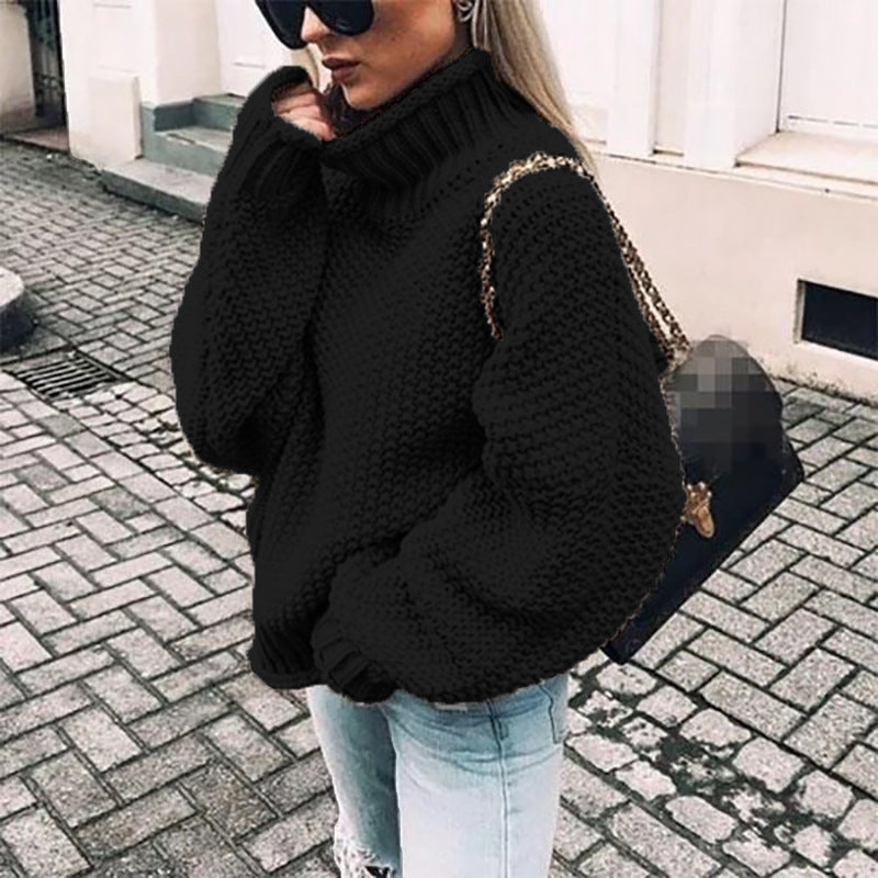 Women's Popcorn Knit Turtleneck Sweater in Black - front view