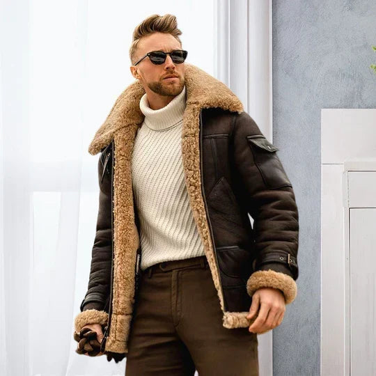 Men's Faux Shearling Aviator Jacket with Wide Collar in Dark Brown - front view