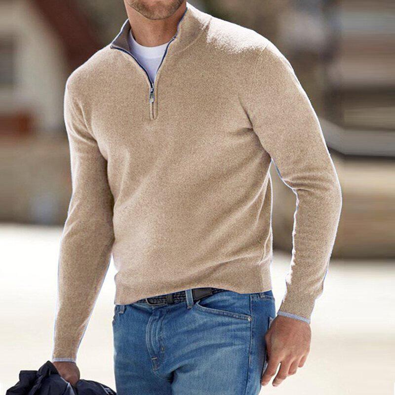 Men's Zip Collar Knit Sweater in Beige - front view