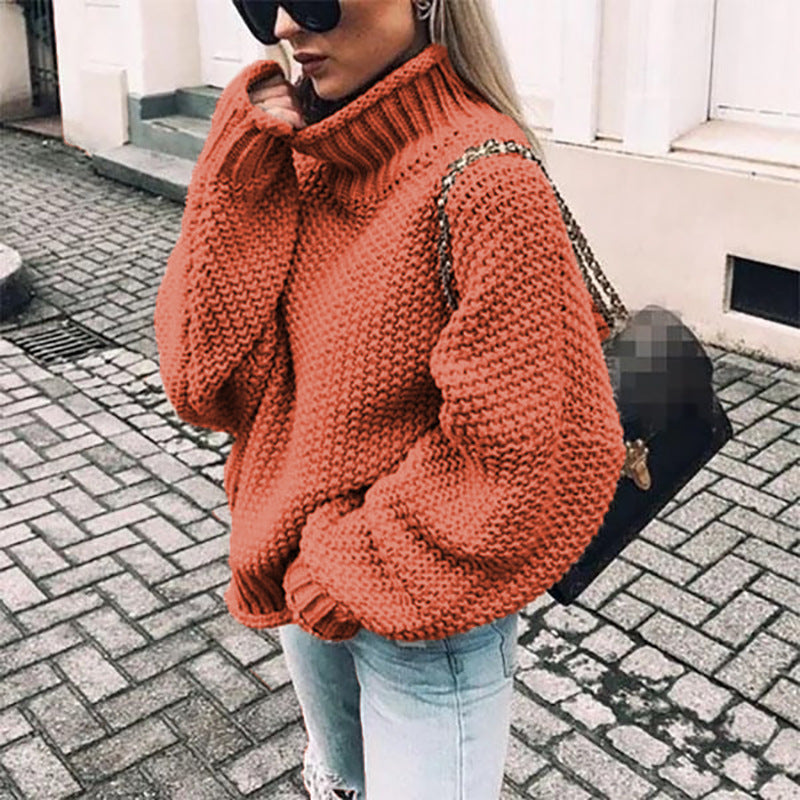 Women's Popcorn Knit Turtleneck Sweater in Orange - front view
