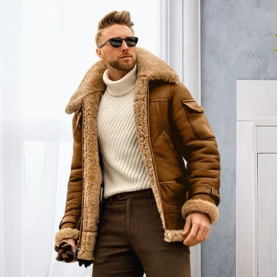 Men's Faux Shearling Aviator Jacket with Wide Collar in Brown - front view