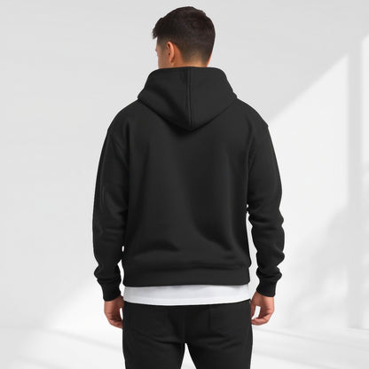 Men's Oversized Pullover Hoodie in Black - alternate angle showing fit and fabric detail