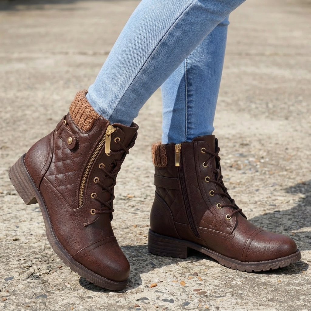 Women's Quilted Lace-Up Ankle Boots in Dark Brown - front view