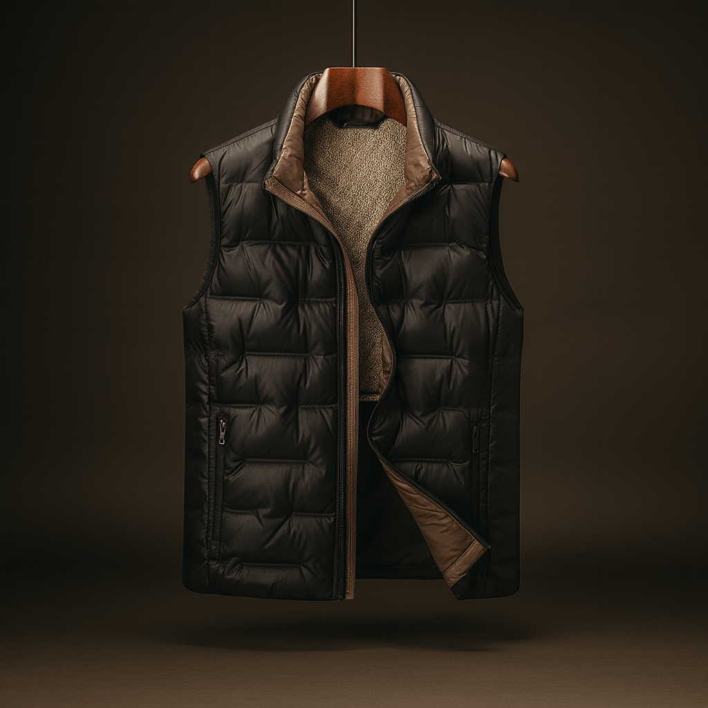Men's Quilted Puffer Vest with Stand Collar in Black - front view