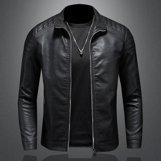 Men's Quilted Shoulder Faux Leather Jacket in Black - front view