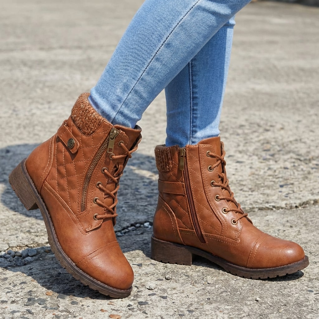 Women's Quilted Lace-Up Ankle Boots in Brown - front view