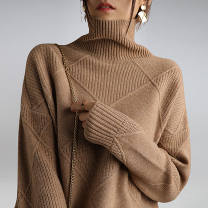 Women's Relaxed Turtleneck Sweater in Brown - alternate angle showing fit and fabric detail